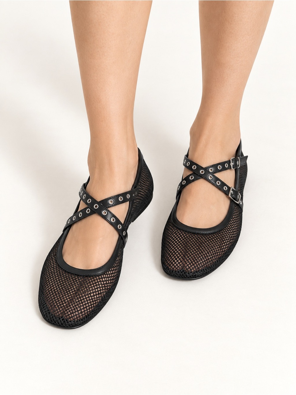 Black Mesh Crisscross Mary Jane Flats